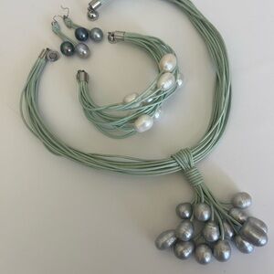 Freshwater Pearl Necklace, Bracelet, Earrings set, Aqua Leather Cord 925 Silver